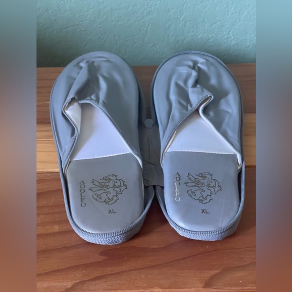 RARE Vintage ADOLFO Unisex Gray Leather Travel Slippers w/Zipper Case XL - Picture 6 of 10